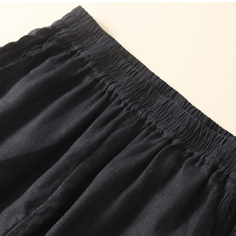 Buddha Stones Unifarbene, seitlich mit Blumenstickerei verzierte Leinenhose für Damen mit Taschen - image 24