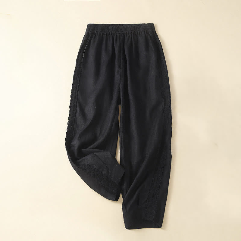 Buddha Stones Unifarbene, seitlich mit Blumenstickerei verzierte Leinenhose für Damen mit Taschen - Schwarz - US12, UK/AU16, EU44 (3XL) - image 23