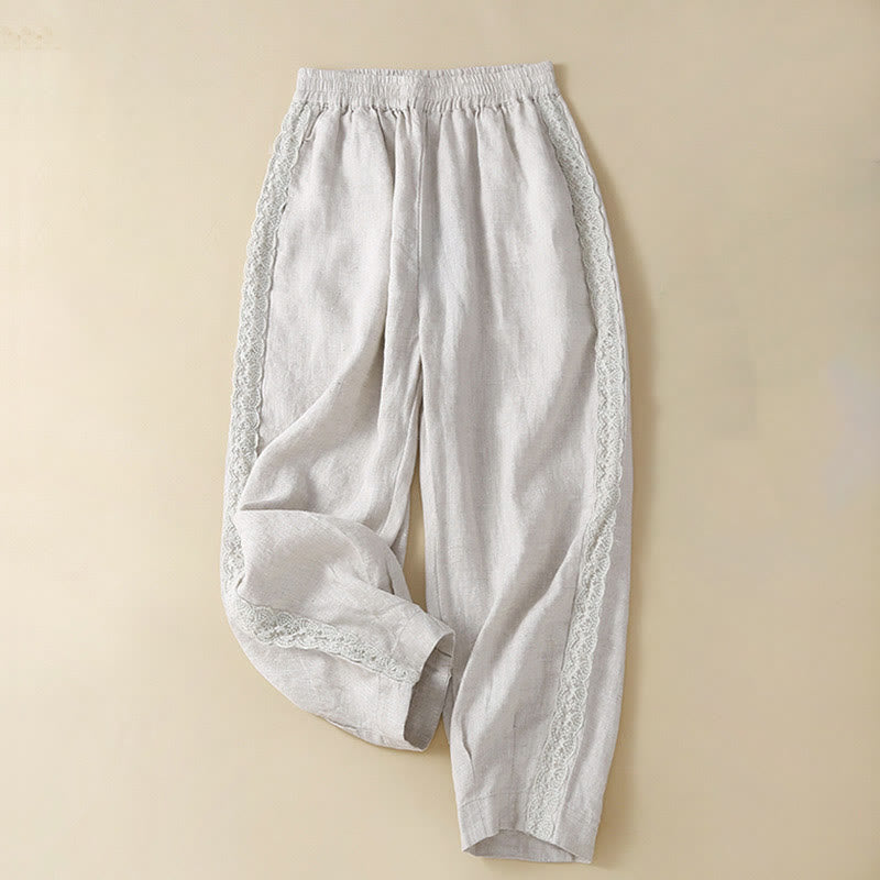 Buddha Stones Unifarbene, seitlich mit Blumenstickerei verzierte Leinenhose für Damen mit Taschen - Weißer Rauch - US12, UK/AU16, EU44 (3XL) - image 13