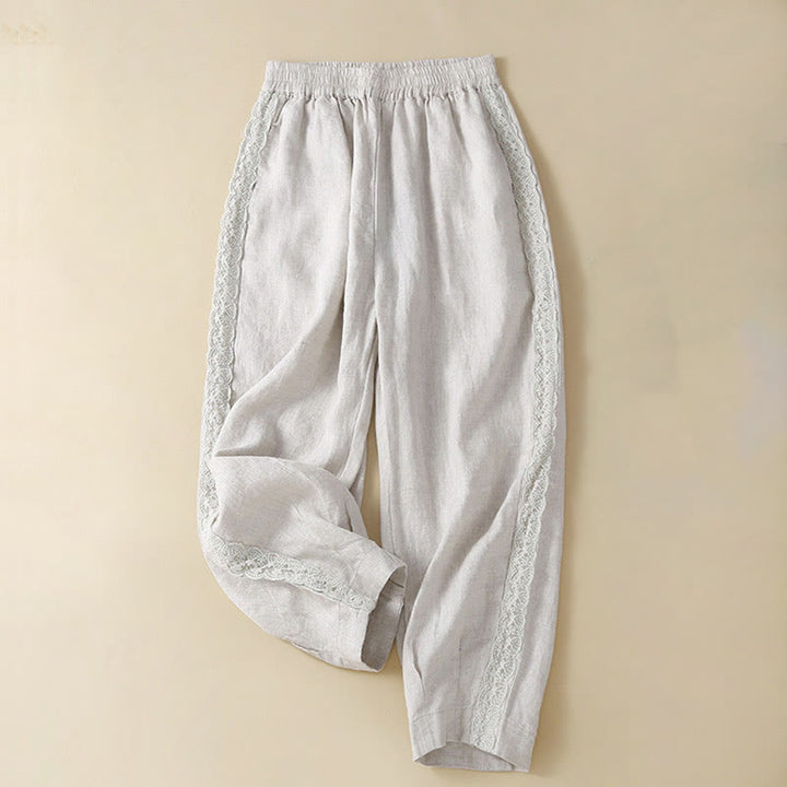 Buddha Stones Unifarbene, seitlich mit Blumenstickerei verzierte Leinenhose für Damen mit Taschen - Weißer Rauch - US12, UK/AU16, EU44 (3XL) - image 13