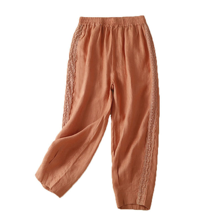 Buddha Stones Unifarbene, seitlich mit Blumenstickerei verzierte Leinenhose für Damen mit Taschen - image 12