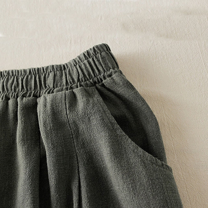 Buddha Stones - Unifarbene Damenhose aus Baumwollleinen mit Taschen