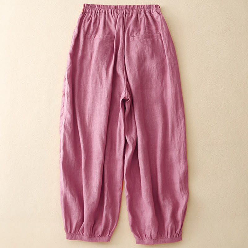 Buddha Stones Lässige, schlichte, einfarbige Leinenhose für Damen mit Taschen - image 1