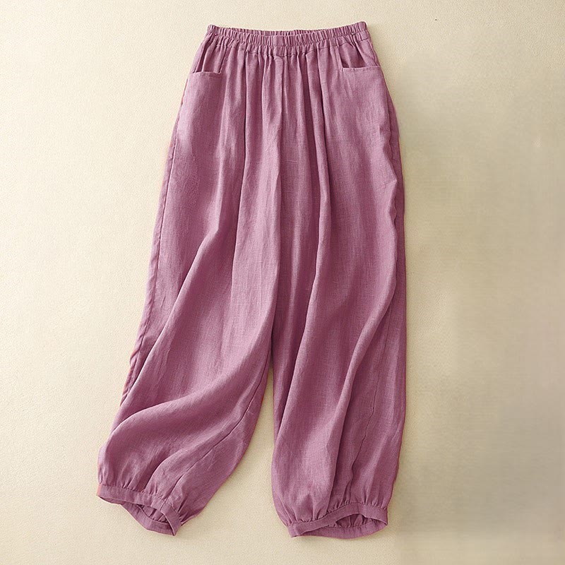 Buddha Stones Lässige, schlichte, einfarbige Leinenhose für Damen mit Taschen - BlassViolettRot - US8-10， UK/AU12-14，EU40-42 (2XL) - image 0