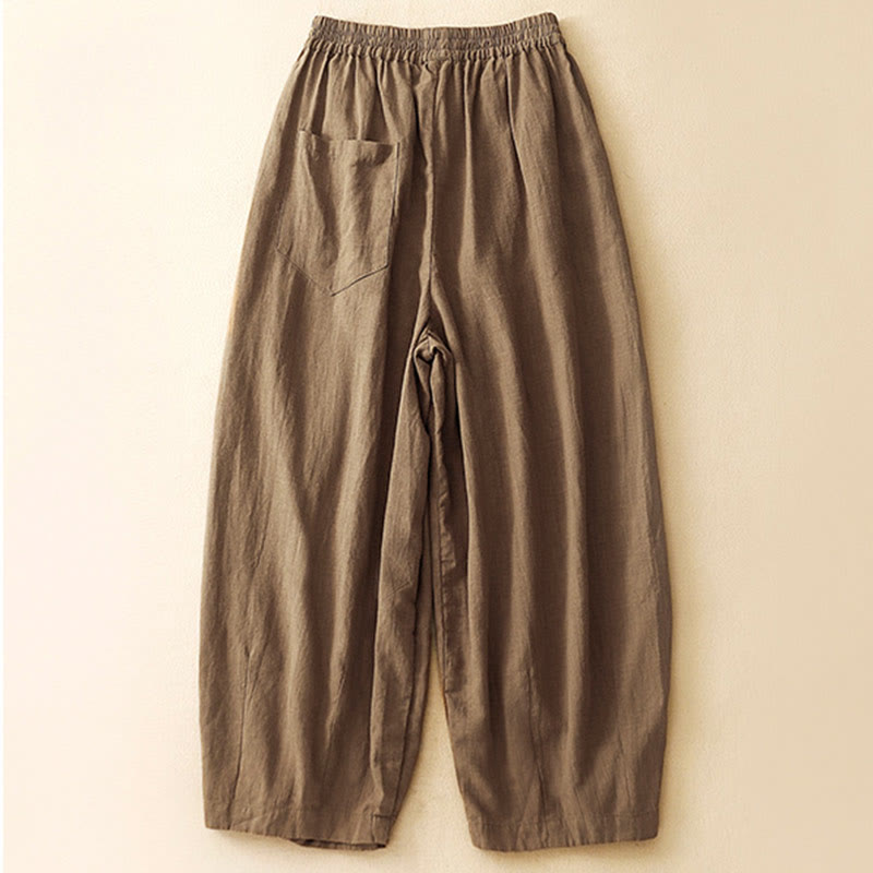 Buddha Stones Unifarbene Karottenhose aus Baumwollleinen mit elastischem Bund und Taschen - image 1