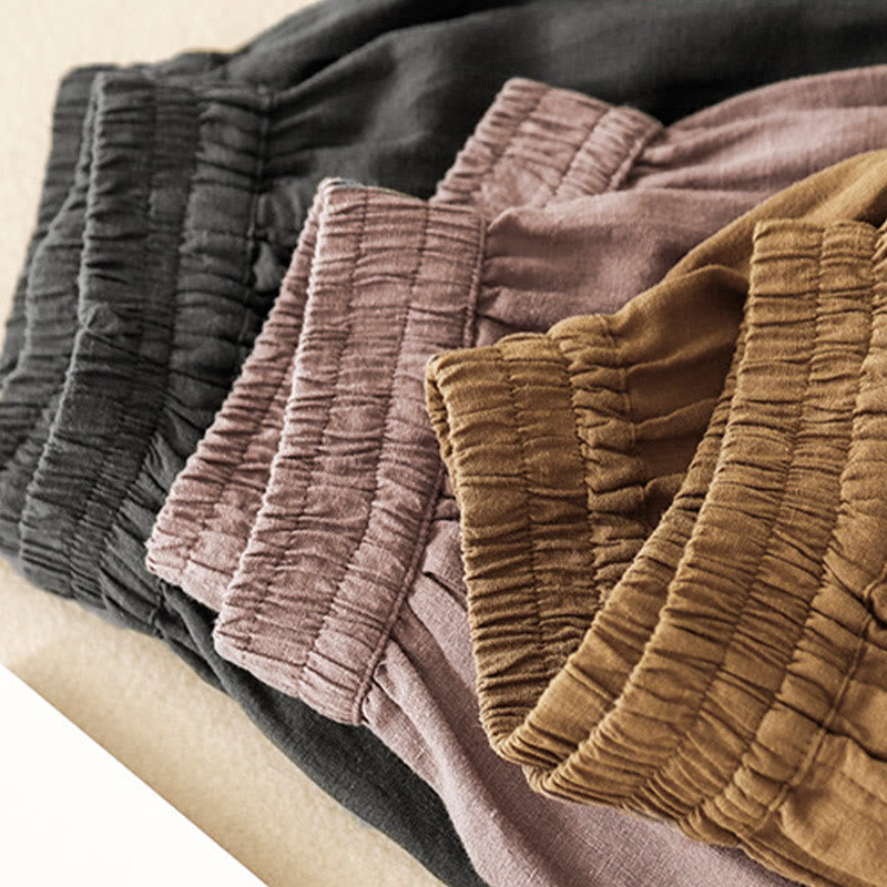 Buddha Stones Unifarbene Karottenhose aus Baumwollleinen mit elastischem Bund und Taschen - image 3