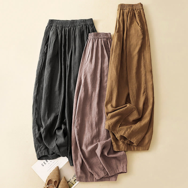 Buddha Stones Unifarbene Karottenhose aus Baumwollleinen mit elastischem Bund und Taschen - image 2