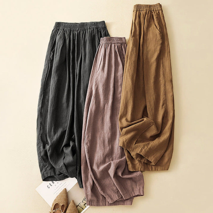 Buddha Stones Unifarbene Karottenhose aus Baumwollleinen mit elastischem Bund und Taschen - image 2