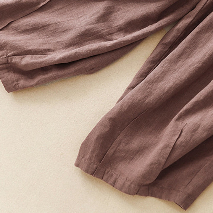 Buddha Stones Unifarbene Karottenhose aus Baumwollleinen mit elastischem Bund und Taschen - image 17