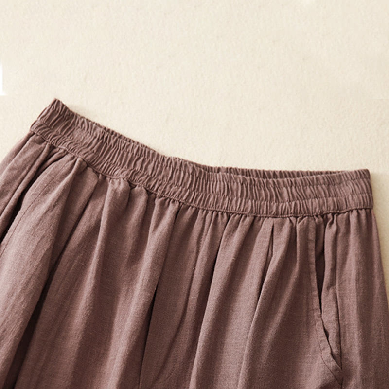 Buddha Stones Unifarbene Karottenhose aus Baumwollleinen mit elastischem Bund und Taschen - image 15