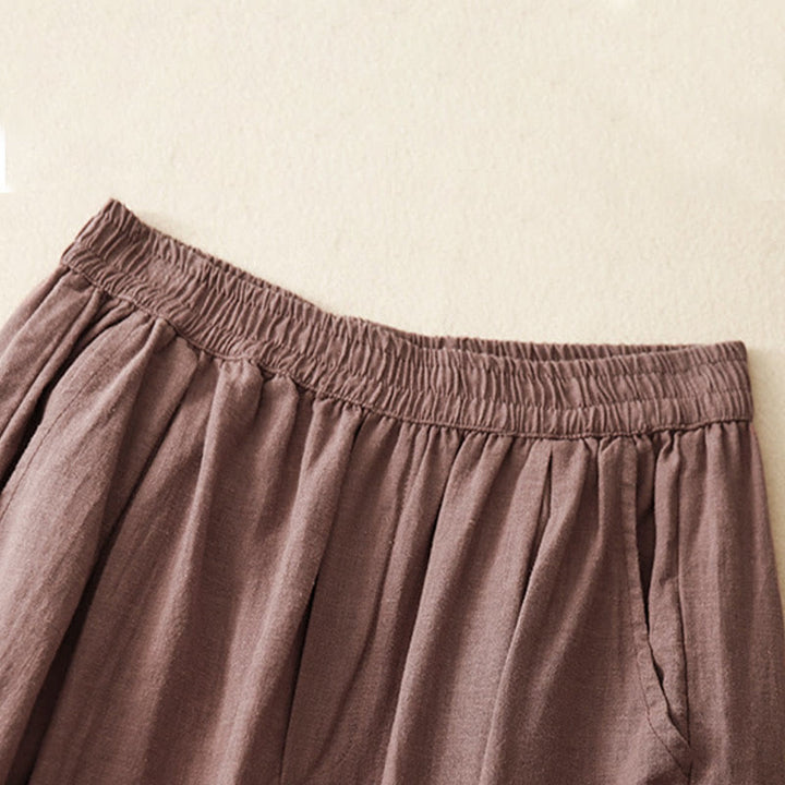 Buddha Stones Unifarbene Karottenhose aus Baumwollleinen mit elastischem Bund und Taschen - image 15