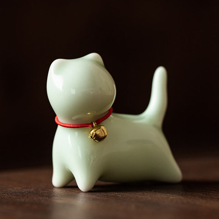 Buddha Stones ​​Mini süße stehend liegend Katze Tee Haustier Keramik Home Schreibtisch Figur Dekoration - Stehende Katze 5*2,5*4,5cm - Grün - image 3
