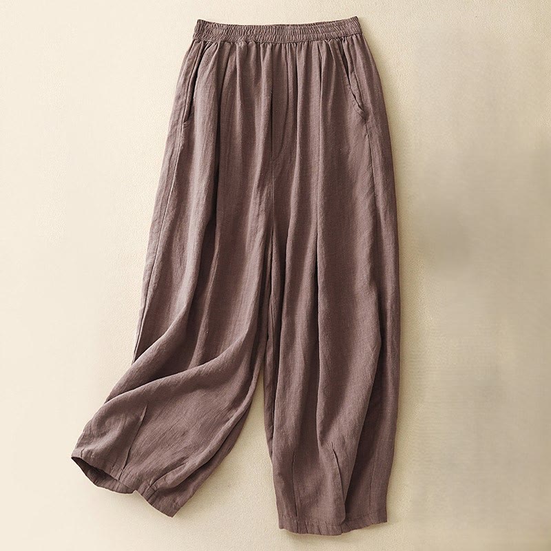 Buddha Stones Unifarbene Karottenhose aus Baumwollleinen mit elastischem Bund und Taschen - RosyBrown - US8-10, UK/AU12-14, EU40-42 (2XL) - image 14