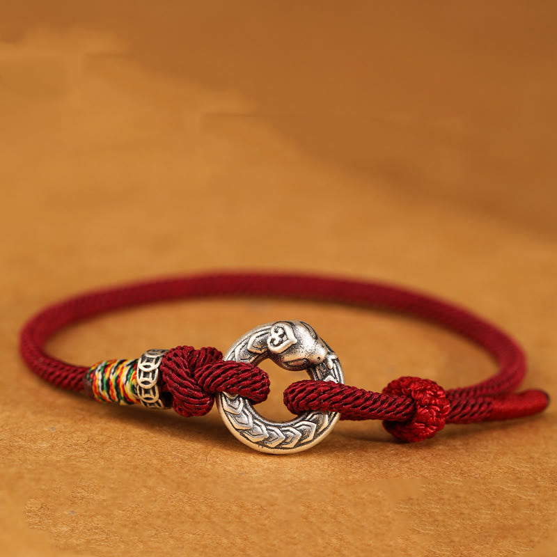 Armband mit Buddha Stones, rote Schnur, 999 Sterlingsilber, Peace-Schnalle, Münze, Jahr der Schlange