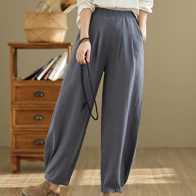 Buddha Stones Lässige, einfarbige, konisch zulaufende, elastische Taillenhose aus Baumwollleinen für Damen mit Taschen - image 4