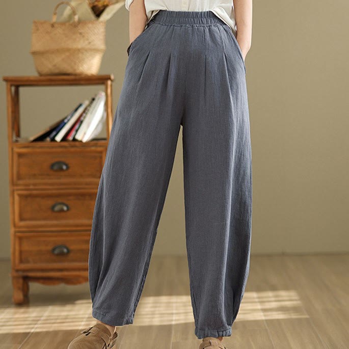 Buddha Stones Lässige, einfarbige, konisch zulaufende, elastische Taillenhose aus Baumwollleinen für Damen mit Taschen - image 3