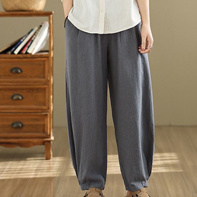 Buddha Stones Lässige, einfarbige, konisch zulaufende, elastische Taillenhose aus Baumwollleinen für Damen mit Taschen - image 1