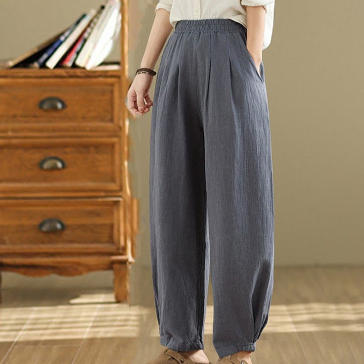 Buddha Stones Lässige, einfarbige, konisch zulaufende, elastische Taillenhose aus Baumwollleinen für Damen mit Taschen - image 2