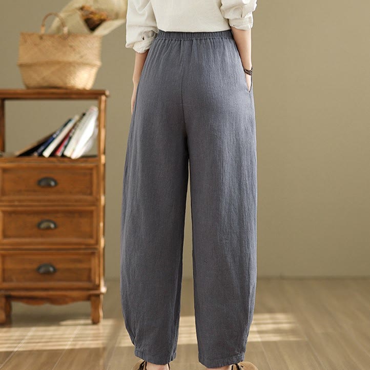 Buddha Stones Lässige, einfarbige, konisch zulaufende, elastische Taillenhose aus Baumwollleinen für Damen mit Taschen - image 5