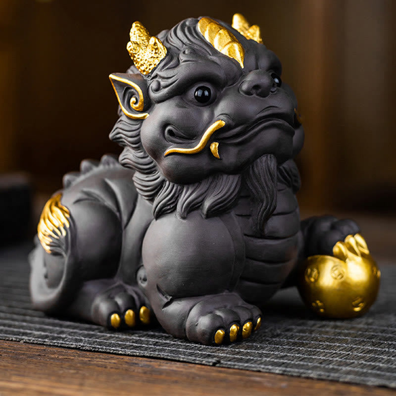 Buddha Stones ​​PiXiu Barren Ball Lila Ton Keramik Tee Haustier Reichtum Hause Figur Dekoration - Pixiu Goldkugel 11,5 x 7,5 x 10 cm - image 9