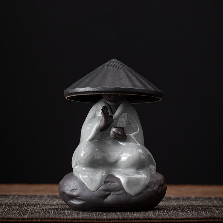 Buddha Stones ​​Kleine Zen Mönch Hut Sieb Keramik Tee Zubehör Figur Startseite Dekoration - Sieb mit Rissmuster, Mönchshut, schwarz, 9 x 12,2 cm - image 14