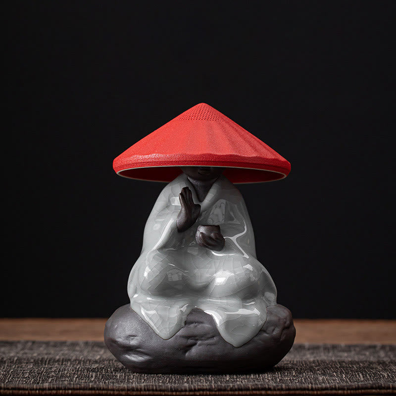 Buddha Stones ​​Kleine Zen Mönch Hut Sieb Keramik Tee Zubehör Figur Startseite Dekoration - Sieb mit Rissmuster, Mönchshut-Motiv, rot, 9 x 12,2 cm - image 24