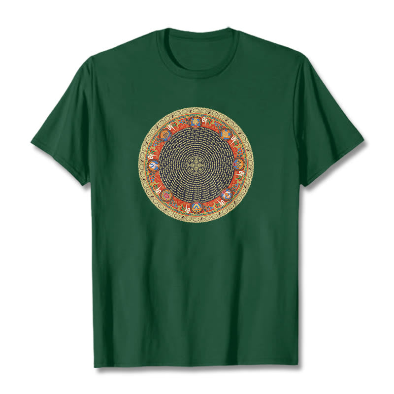 Buddha Stones ​​Kreisförmige Om Mani Padme Hum Acht Glückverheißende Symbole Baumwolle T-shirt - Waldgrün - 2XL - image 1