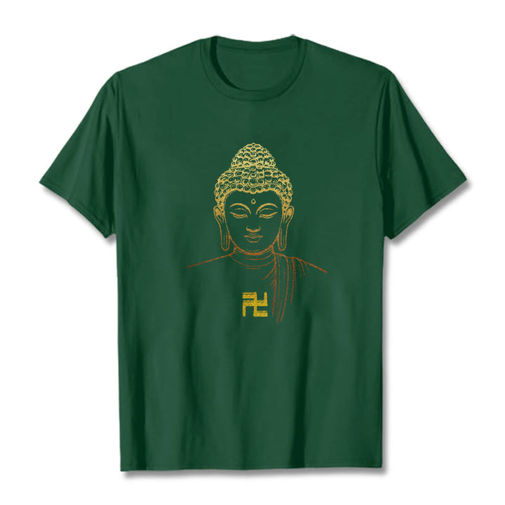 Buddha Stones ​​Hakenkreuz Muster Golden Buddha Baumwolle T-shirt - Waldgrün - 2XL - image 8