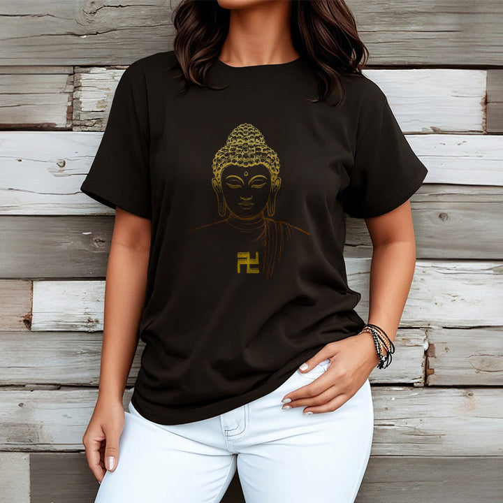 Buddha Stones ​​Hakenkreuz Muster Golden Buddha Baumwolle T-shirt - image 7