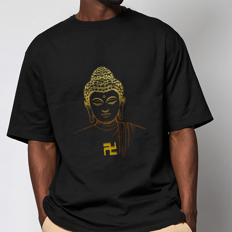 Buddha Stones ​​Hakenkreuz Muster Golden Buddha Baumwolle T-shirt - image 5