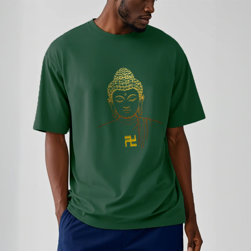 Buddha Stones ​​Hakenkreuz Muster Golden Buddha Baumwolle T-shirt - image 9