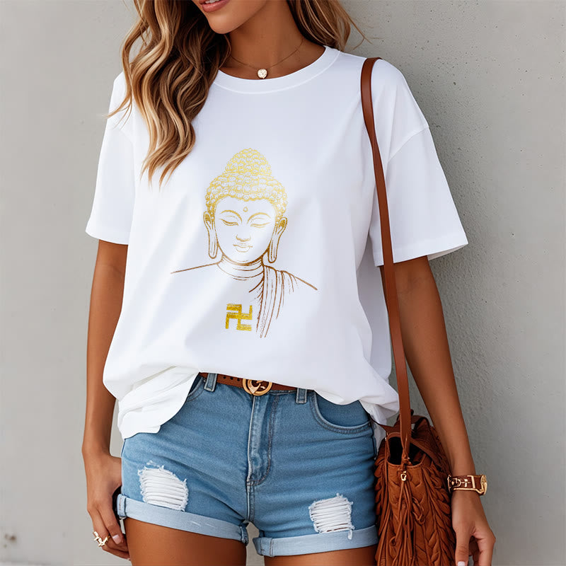 Buddha Stones ​​Hakenkreuz Muster Golden Buddha Baumwolle T-shirt - image 2