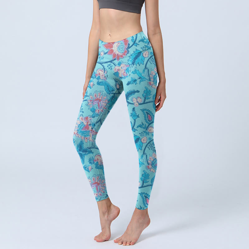 Buddha Stones ​​Blau Rot Blumen Blätter Druck Gym Leggings frauen Yoga Hosen - Himmelblau - US18, UK/AU22, EU50 (4XL) - image 0