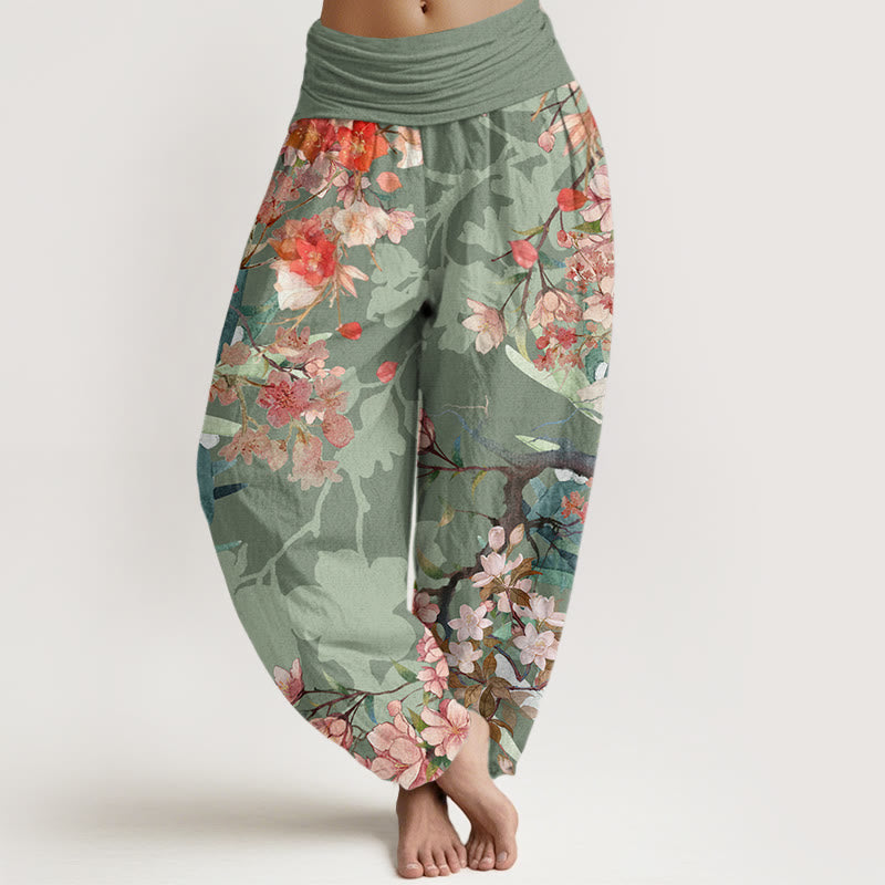 Buddha Stones , Baumwolle, Rot-Rosa, Blühende Blumen, Üppige Zweige, Haremshose für Damen mit elastischem Bund - Dunkelmeergrün - US22, UK/AU26, EU54 (6XL) - image 0