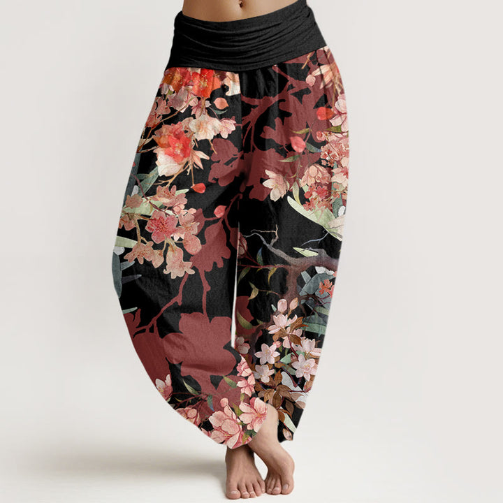 Buddha Stones , Baumwolle, Rot-Rosa, Blühende Blumen, Üppige Zweige, Haremshose für Damen mit elastischem Bund - Schwarz - US22, UK/AU26, EU54 (6XL) - image 4