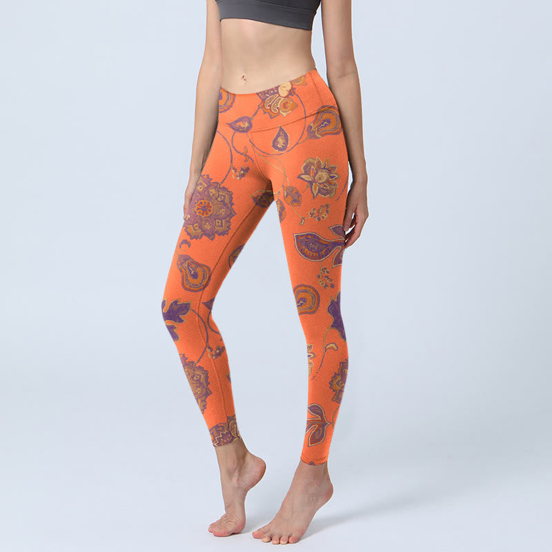 Buddha Stones Orange Ahornblätter Blumen Druck Gym Leggings Damen Yoga Hose - Koralle - US18, UK/AU22, EU50 (4XL) - image 0