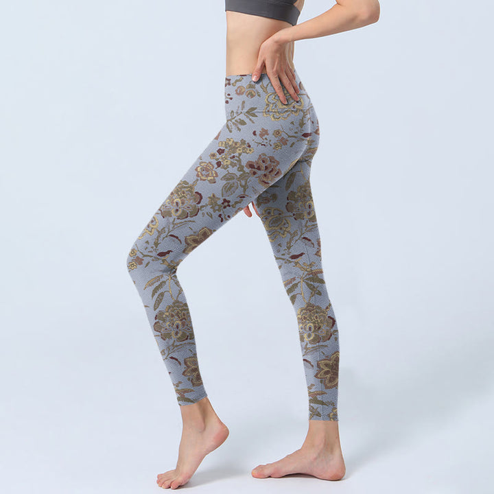 Buddha Stones Grau Grün Blätter Blumen Print Gym Leggings Damen Yoga Hose - image 3