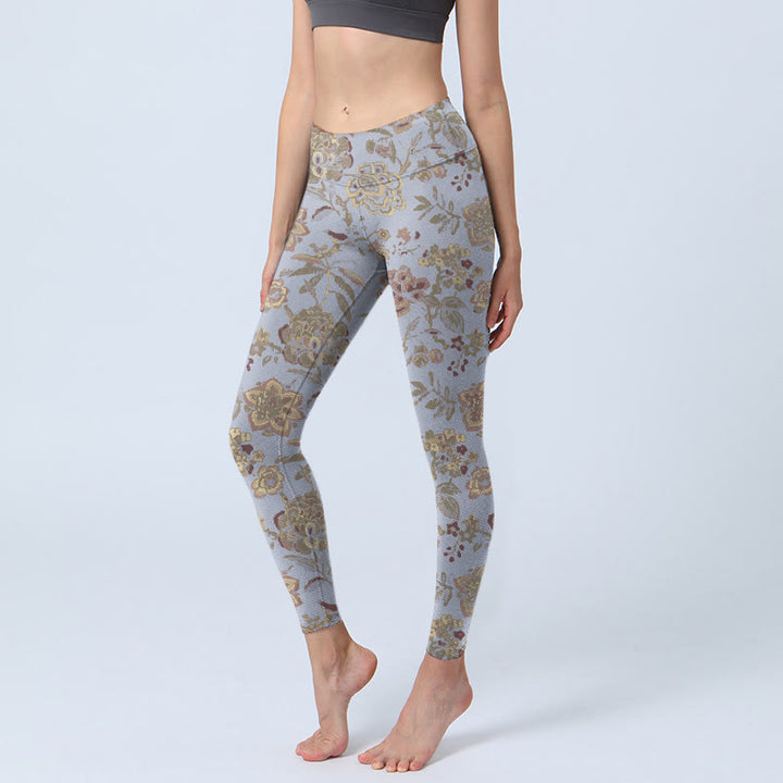 Buddha Stones Grau Grün Blätter Blumen Print Gym Leggings Damen Yoga Hose - Hellstahlblau - US18, UK/AU22, EU50 (4XL) - image 0
