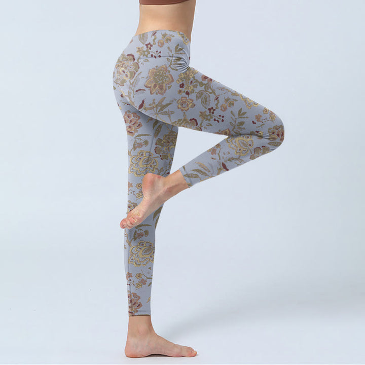 Buddha Stones Grau Grün Blätter Blumen Print Gym Leggings Damen Yoga Hose - image 3