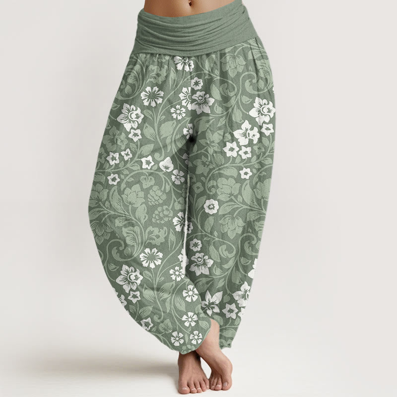 Haremshose mit Buddha Stones, kleinen Blumen und ineinander verschlungenen Zweigen für Damen mit elastischer Taille - Dunkelseegrün - US22, UK/AU26, EU54 (6XL) - image 0