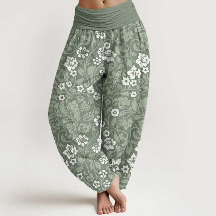 Haremshose mit Buddha Stones, kleinen Blumen und ineinander verschlungenen Zweigen für Damen mit elastischer Taille - Dunkelseegrün - US22, UK/AU26, EU54 (6XL) - image 0