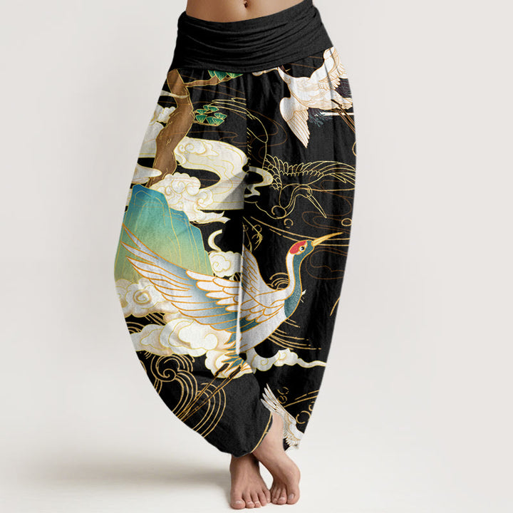 Buddha Stones, fliegende Kraniche, glückverheißende Wolken, Baum, Haremshose mit elastischer Taille für Damen