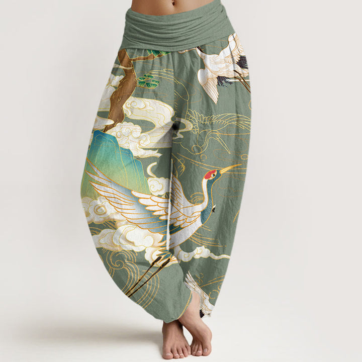 Buddha Stones, fliegende Kraniche, glückverheißende Wolken, Baum, Haremshose mit elastischer Taille für Damen - DunkelMeergrün - US22， UK/AU26，EU54 (6XL) - image 5