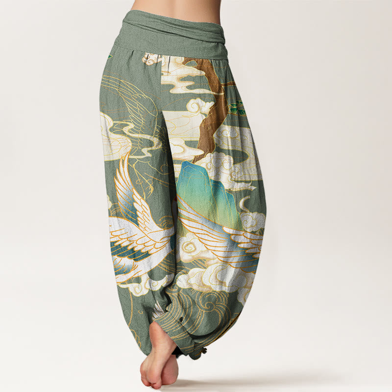 Buddha Stones, fliegende Kraniche, glückverheißende Wolken, Baum, Haremshose mit elastischer Taille für Damen