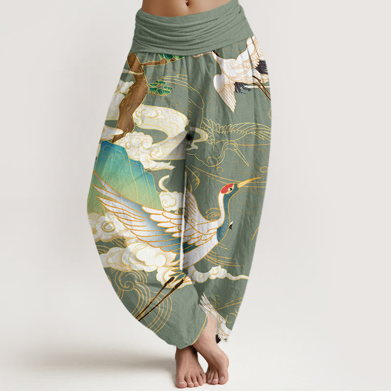 Buddha Stones , fliegende Kraniche, Glückverheißende Wolken, Baum – Damen-Haremshose mit elastischem Bund aus Baumwolle - Dunkelseegrün - US22, UK/AU26, EU54 (6XL) - image 4