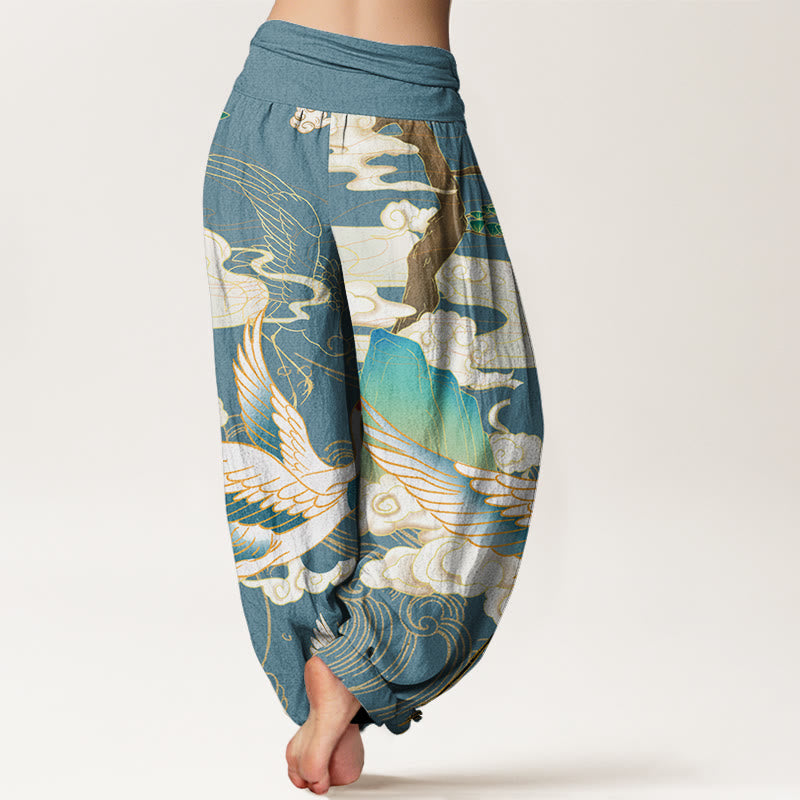 Buddha Stones, fliegende Kraniche, glückverheißende Wolken, Baum, Haremshose mit elastischer Taille für Damen