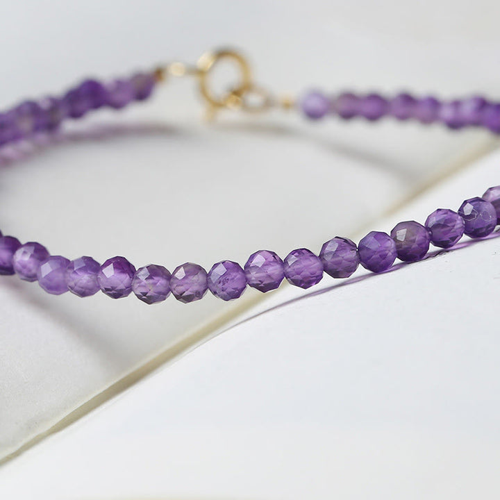 Buddha Stones , 3 mm, natürlicher Amethyst, ultradünne Perlen, 14 Karat vergoldetes Kupferarmband für spirituelles Bewusstsein