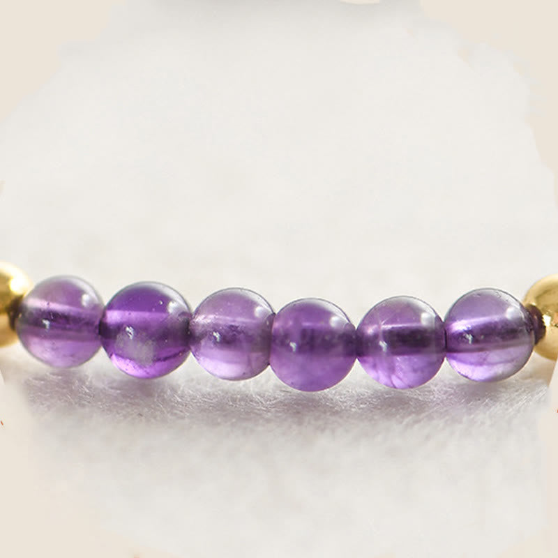 Armband mit Buddha Stones, 4 mm, handgefertigt, natürlicher Amethyst, 14 Karat vergoldete Kupferperlen, geflochtene Schnur, lindert Stress