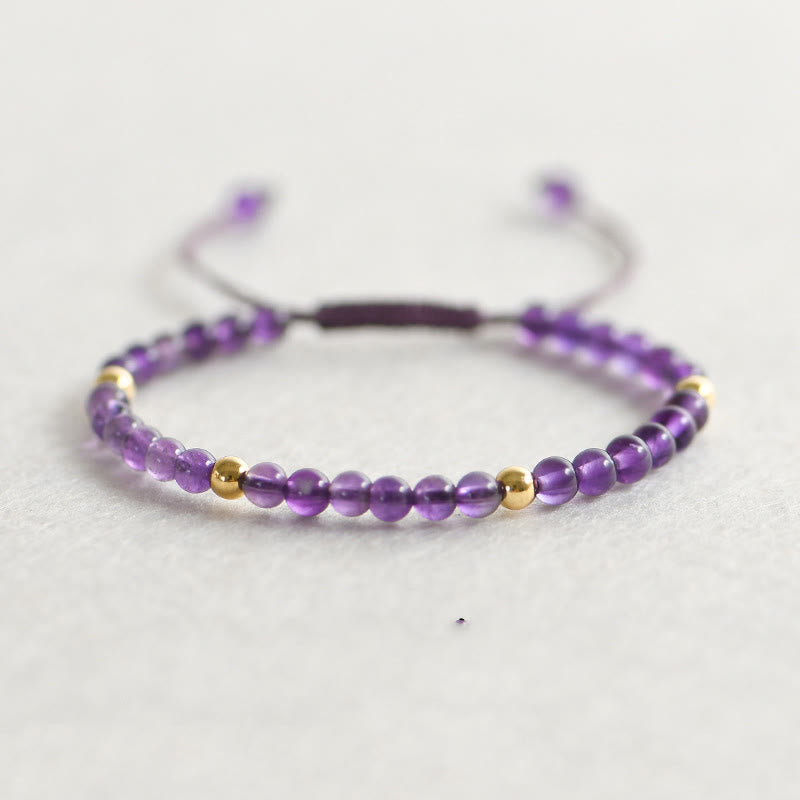 Armband mit Buddha Stones, 4 mm, handgefertigt, natürlicher Amethyst, 14 Karat vergoldete Kupferperlen, geflochtene Schnur, lindert Stress