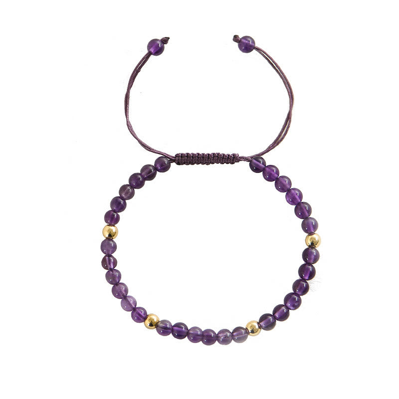 Armband mit Buddha Stones, 4 mm, handgefertigt, natürlicher Amethyst, 14 Karat vergoldete Kupferperlen, geflochtene Schnur, lindert Stress